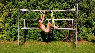 naked uncut, unmasked slave exposed outdoor in penis cage doing fitness tied up BDSM